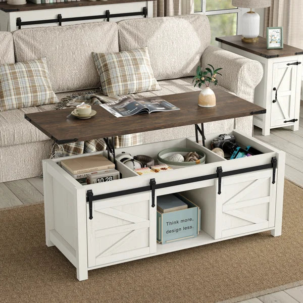Jaquavion Farmhouse Lift-Top Coffee Table with Hidden Storage & Sliding Barn Door