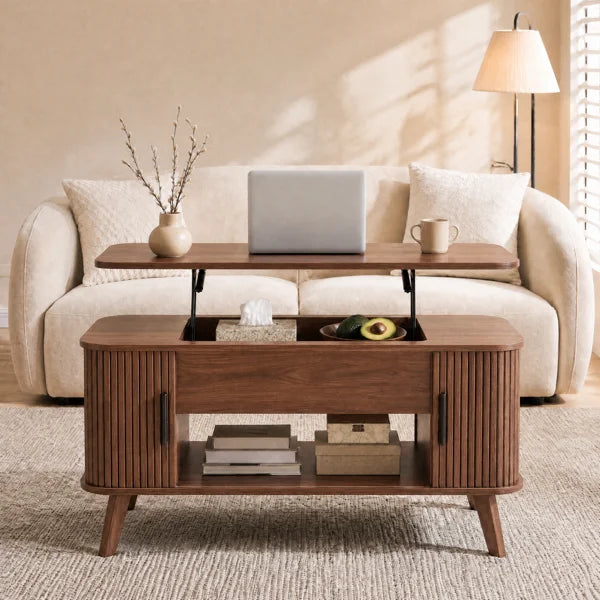Modern Lift-Top Coffee Table with Storage Compartment & Fluted Sliding Doors