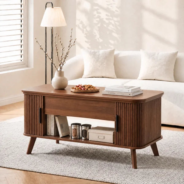 Modern Lift-Top Coffee Table with Storage Compartment & Fluted Sliding Doors