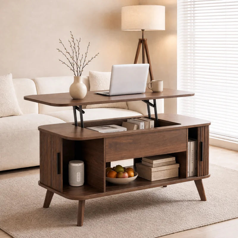Modern Rectangular Lift-Top Coffee Table with Hidden Storage, Open Shelf & Fluted Sliding Door Cabinets